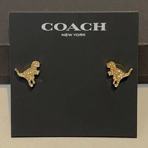 🦖NWT COACH Gold Rexy Crystal Stud Earrings T-Rex Dinosaur